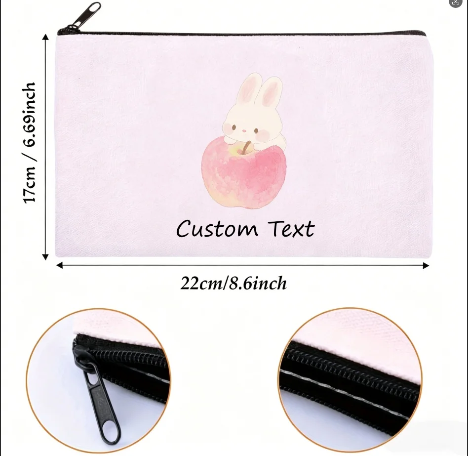 1PC Custom Text Cute Bunny On Pink Apple Cosmetic Bag Personalized Canvas Zipper Makeup Storage Pouch