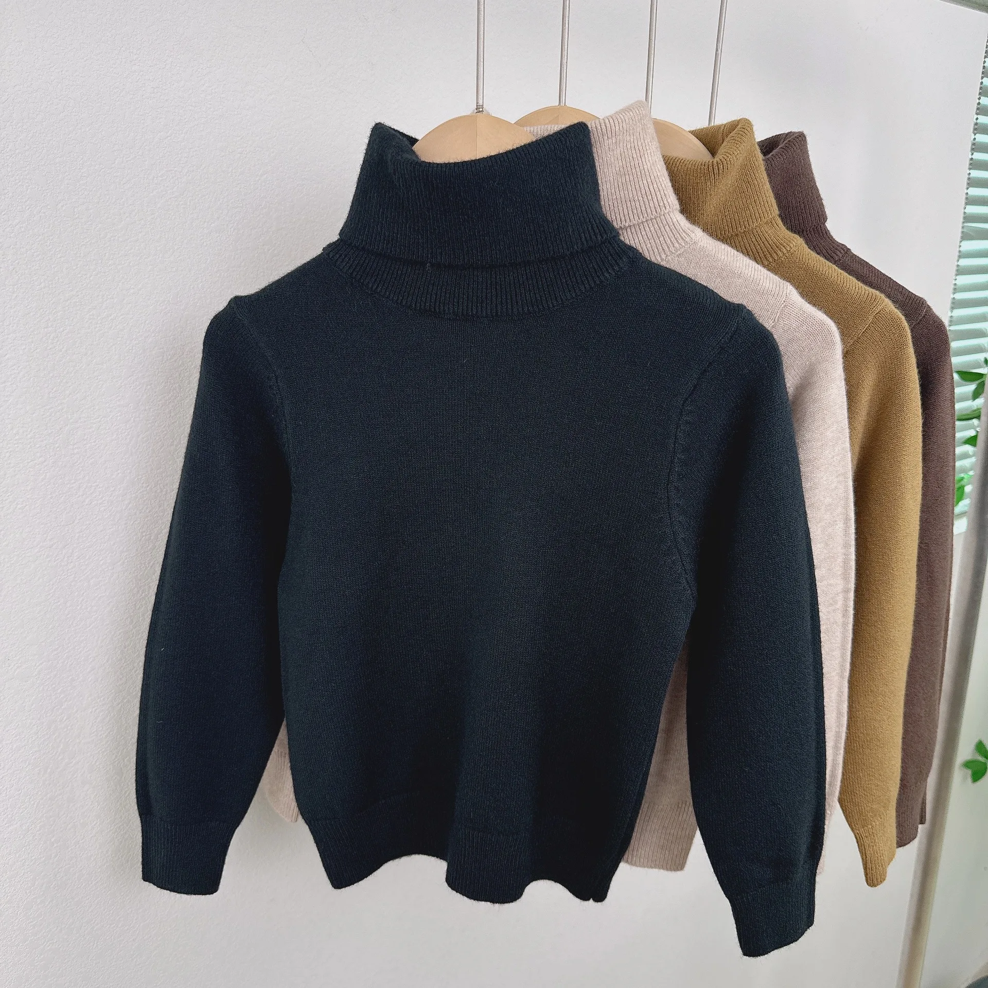 Autumn Winter Boys Girls Solid Color Children's Sweater Versatile Basic Knit Kids' Sweater Long-sleeve High-neck Pullover Wool