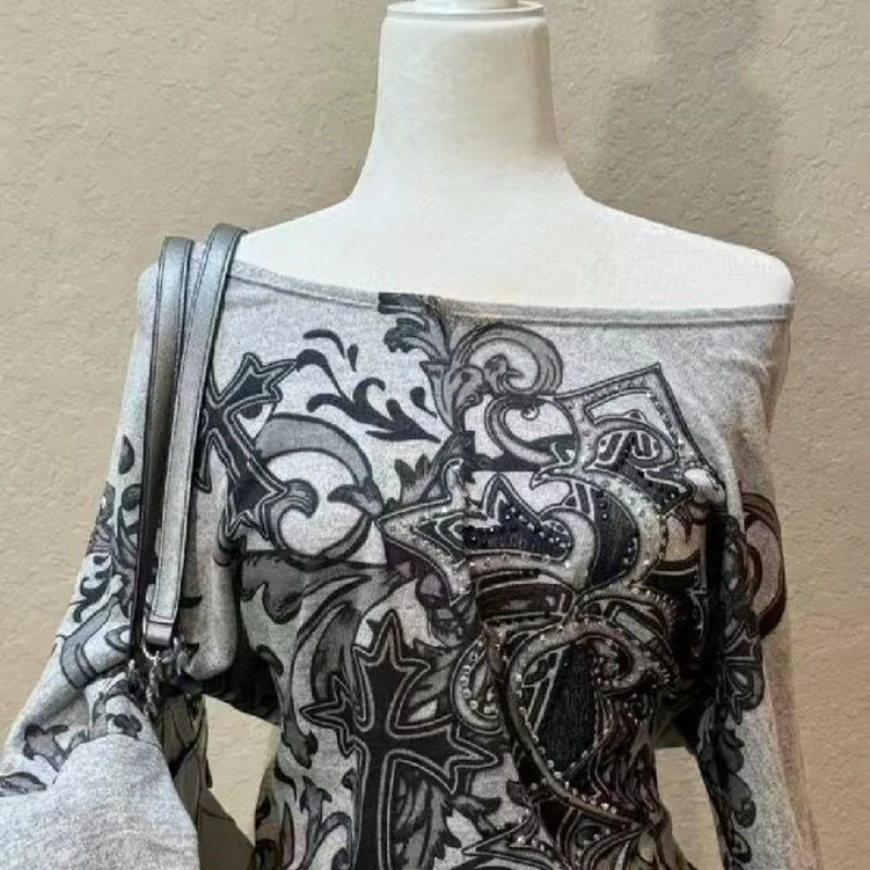 Y2k الأمريكية خمر القوطية طباعة ضئيلة طويلة الأكمام الخريف النساء تيز 2000 ثقافة فرعية الكورية موضة تي شيرت Harajuku بلايز شيك #3