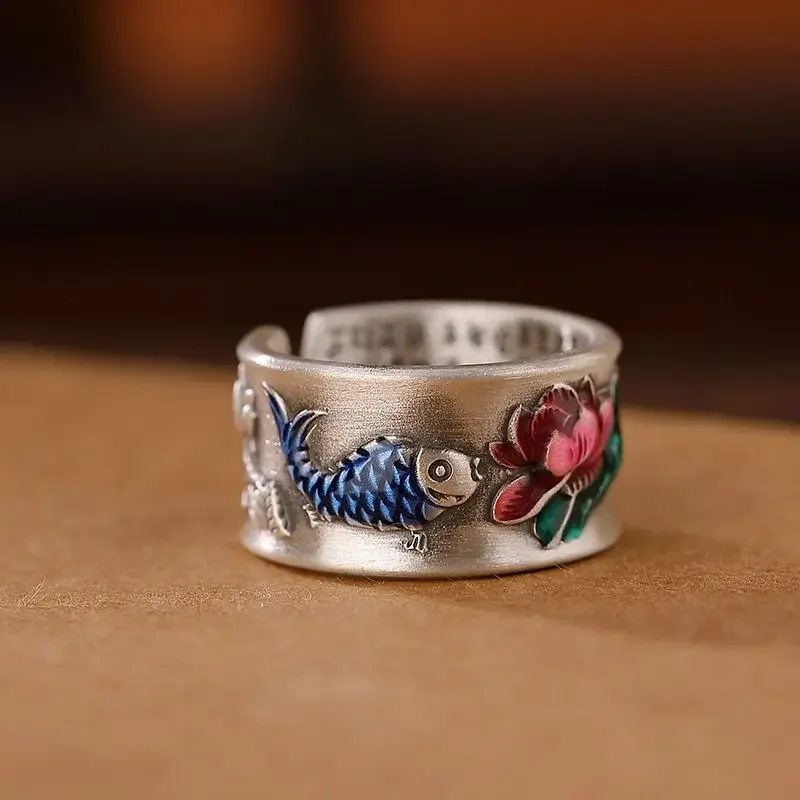 HX New Retro Carp Lotus Heart Sutra Male Female Couple Ring Personalized Ethnic Style Simple Fashion Jewelry