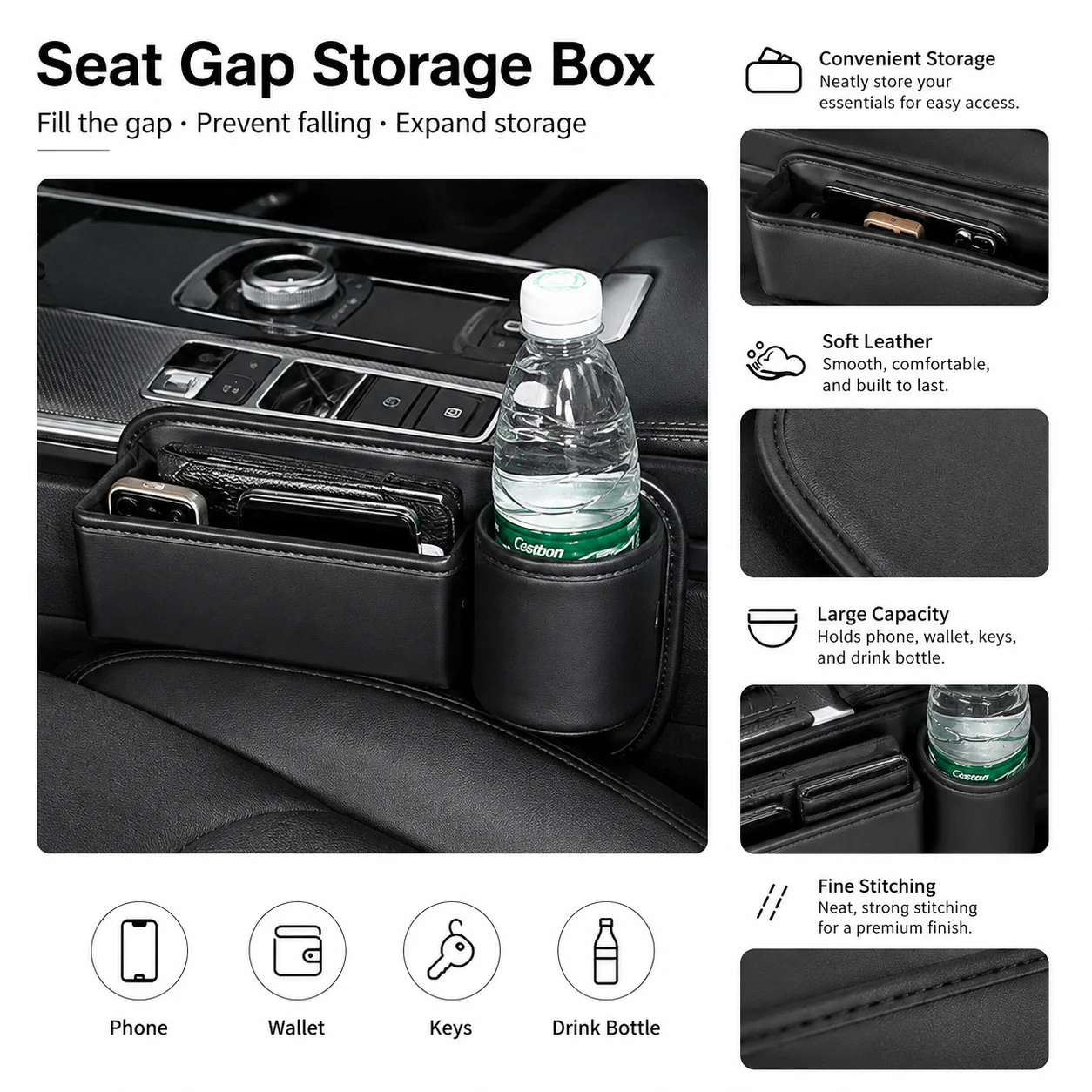 Universal Car Seat Gap Organizer Storage Box Multifunction Leather Crevice Side Storage Pocket Wallet Keys Card with Cup Holder view 3