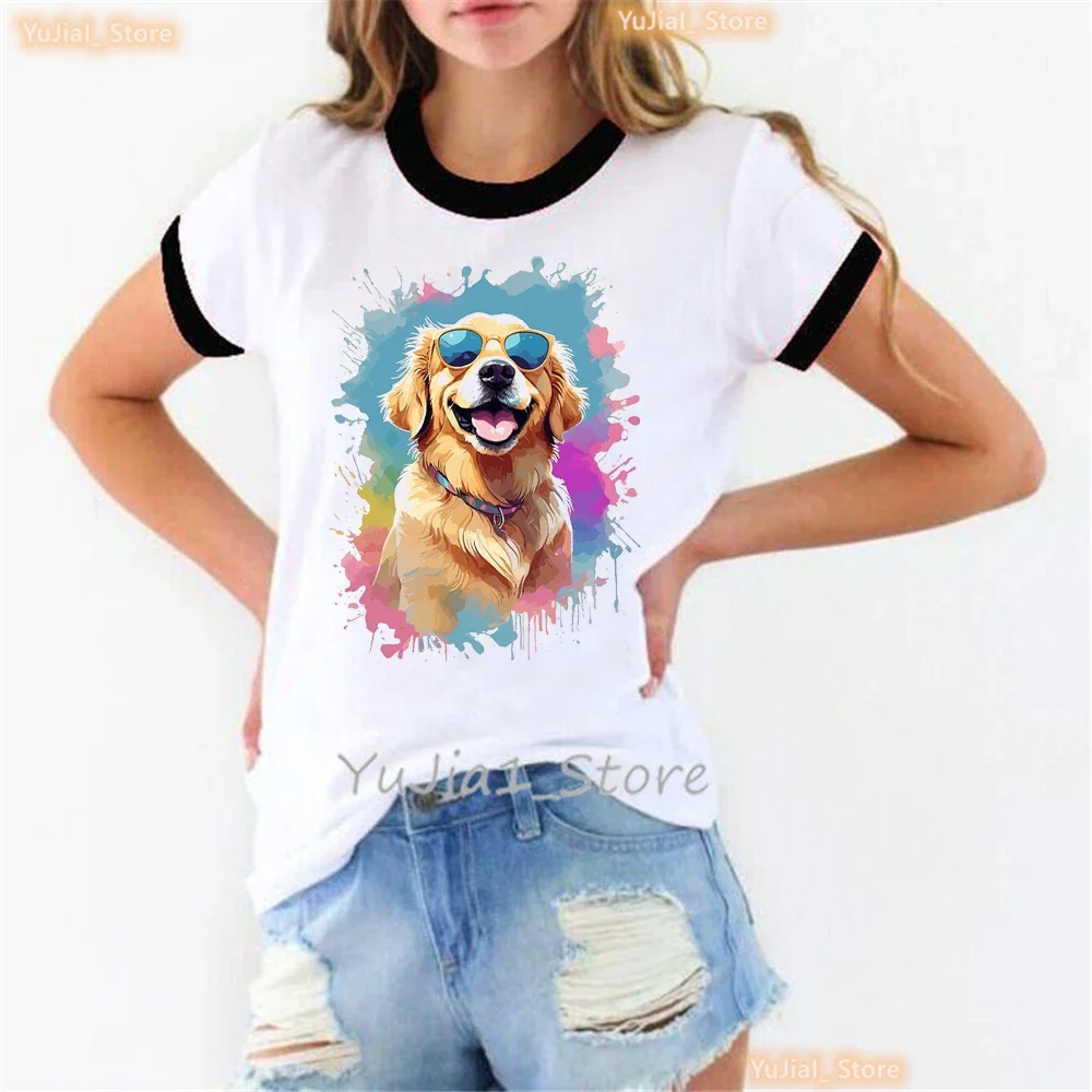 

Watercolor Golden Retriever Hunting Dogs Animal Print T Shirt For Girls Funny Australian Shepherd Dog With Flower Tshirt Women