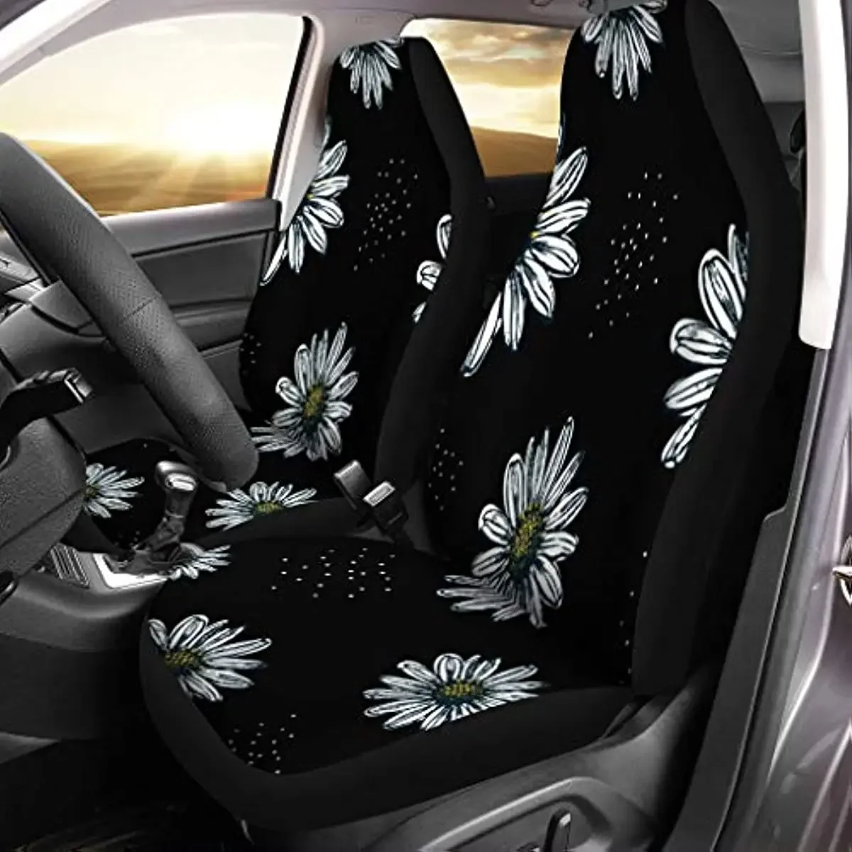 Pinbeam Car Seat Covers Yellow Flower Daisy Pattern in Beautiful Black Blossom Chamomile Set of 2 Auto Accessories Protectors Ca