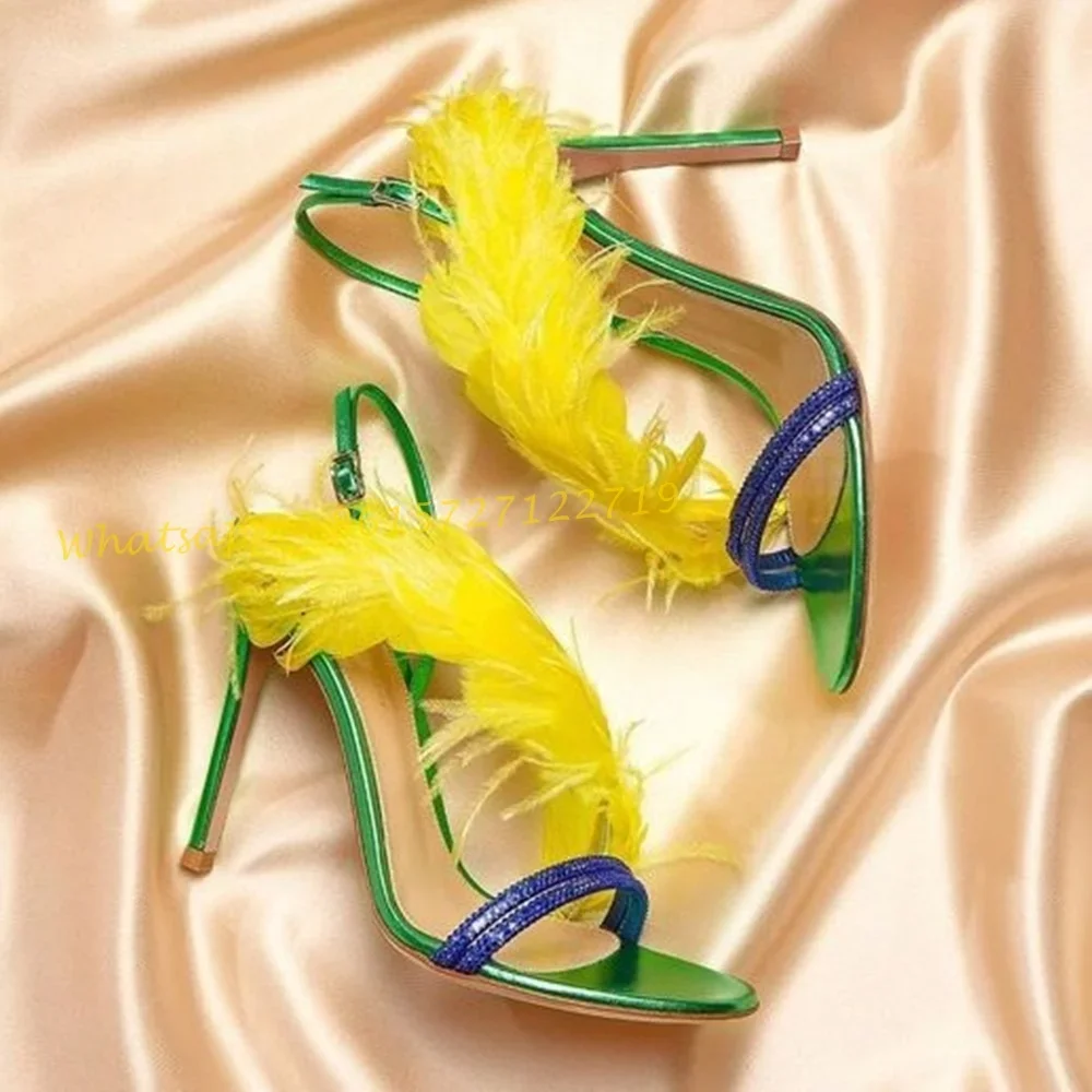 

Yellow Feather Back Strap Heels Sandals Women Summer Multi-color Sweet Party Green Sandals Trends Women Fashion Open Heel Shoes
