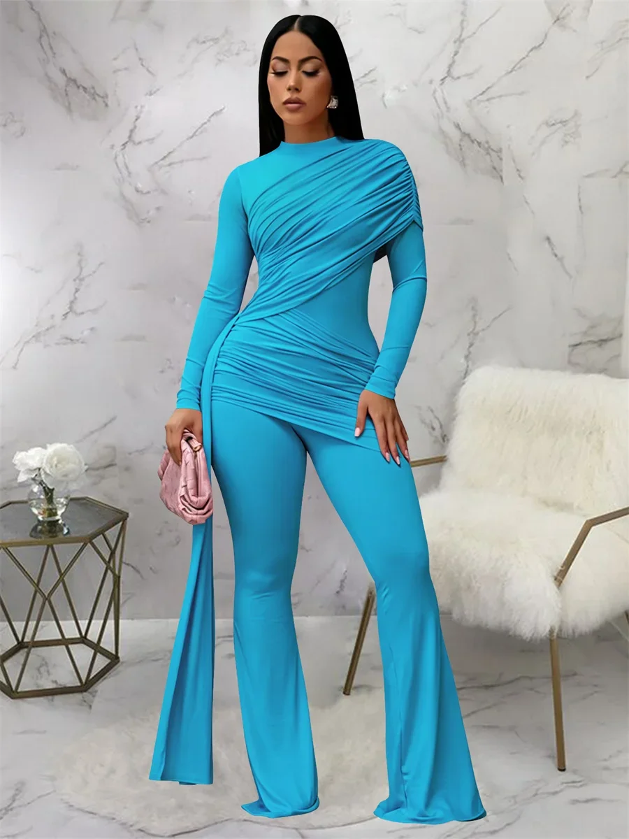 Weird Puss Fashion Ruched Flared Jumpsuit Women Chic Ribbon Patchwork Full Sleeve O-Neck Stretch Skinny Trend Party Streetwear