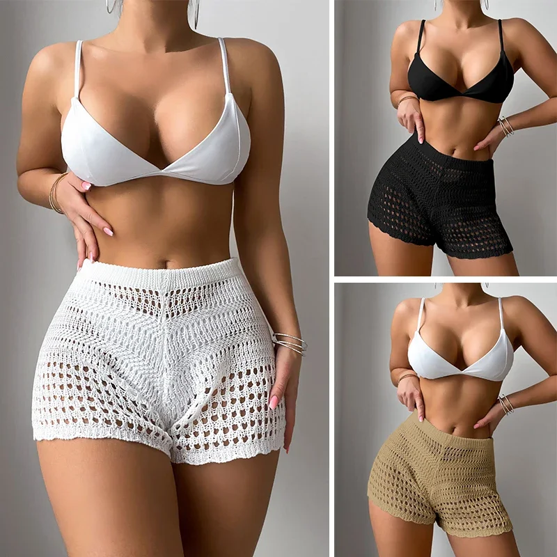 

BWQ Summer Vacation Crochet Knit Solid Color Swimsuit Cover Up Shorts Breathable Hollow out Beach Bikini Cover-Ups Shorts