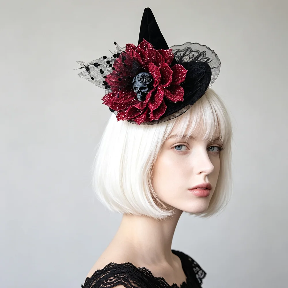 Retro Gothic Mini Witch Hat Hair Clip Skull Accent Glittery Red Flower Lace Trim For Halloween Cosplay Masquerade Party Costume - view 3