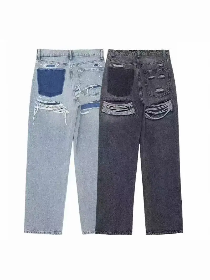 New Women's Street Fashion Denim Blue Jeans Distressed Patchwork High Waist Zipper Fly Ripped Retro Long Pants