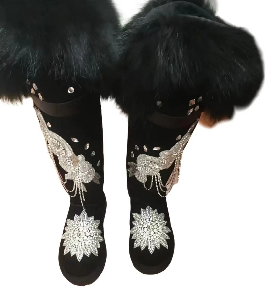 Black luxurious rhinestone tassel accessories over-the-knee snow boots oversized thickened banquet and party women's boots 35-44