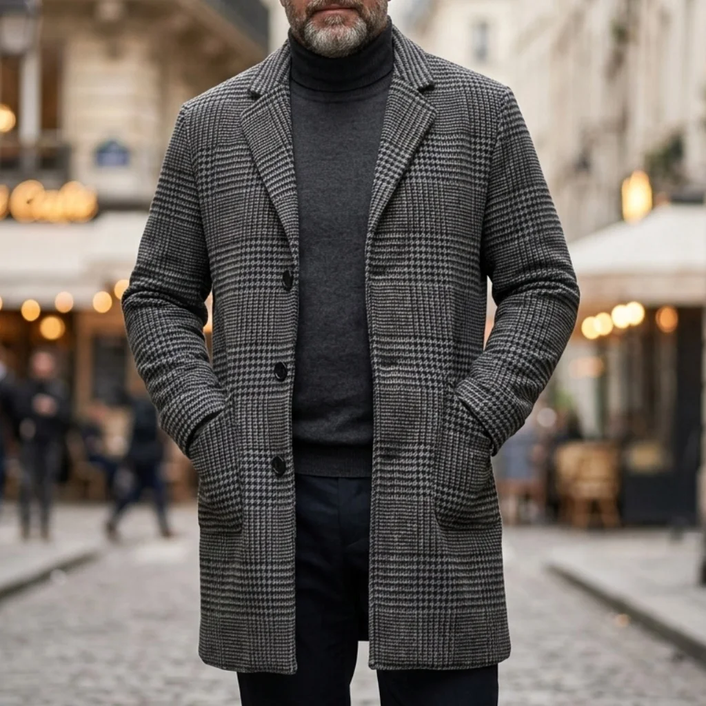 Men's Thickened Coat Warm Houndstooth Trench Coat New Arrival Outdoor Autumn Winter Windproof Overcoat with Lining Jacket Man