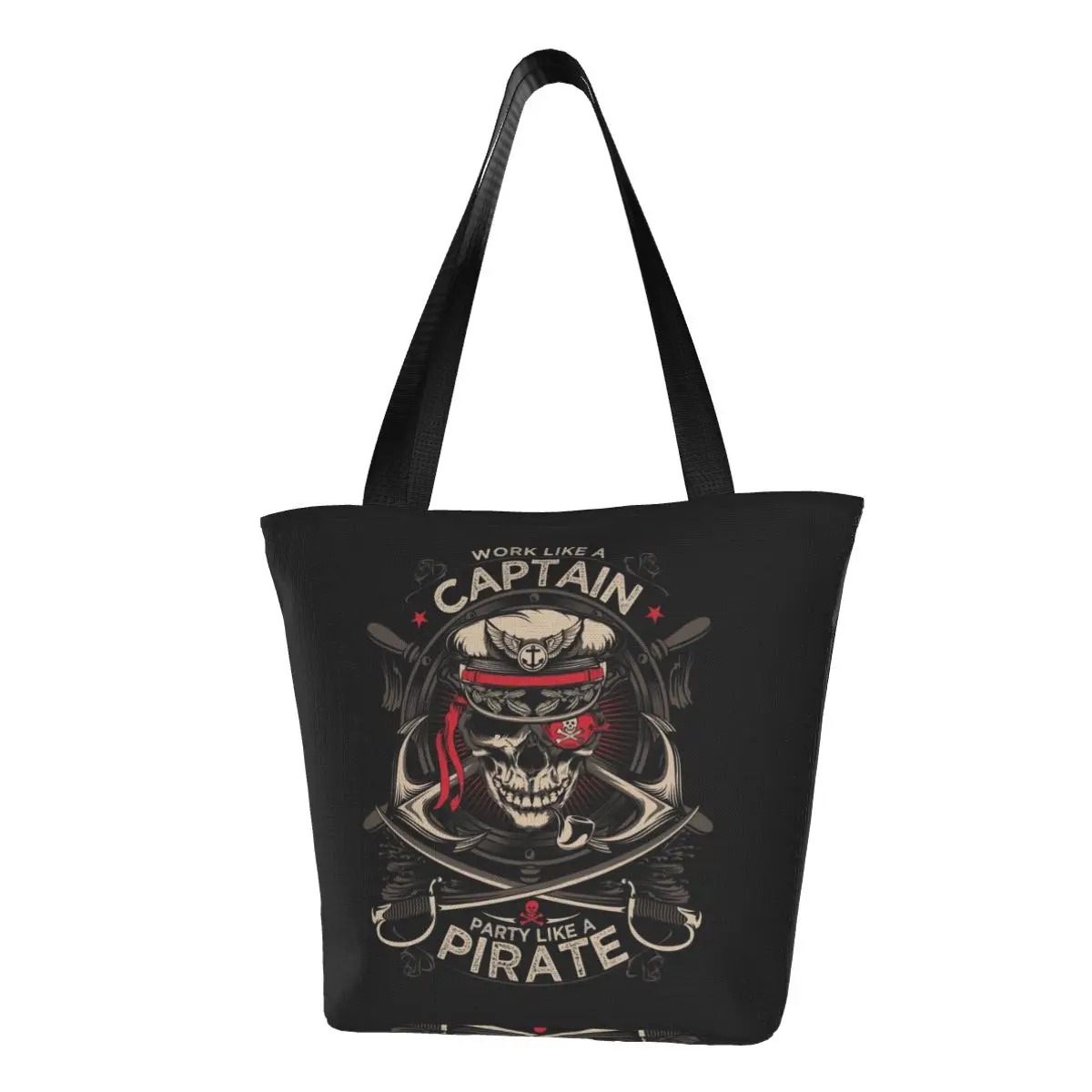 Custom Nautical Skull Sailor Pirate Shopping Bag Women Shoulder Canvas Recycling Tote Bag Washable Grocery Shopper Bags