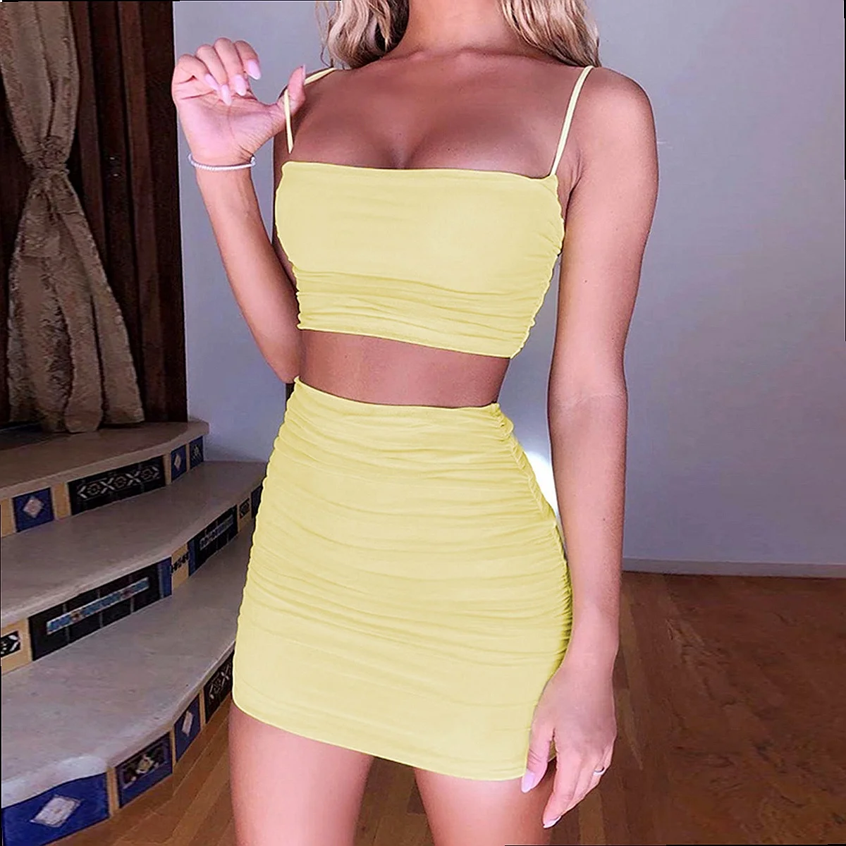 Sexy Camisole Top and Pencil Skirt Matching Set, Sleeveless Cami Tops Pleated Bodycon Two Piece Sets for Women