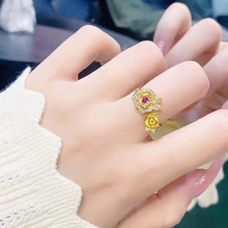 Red Corundum New Chinese-style Three-Dimensional Rose Flower Ring, 2026 New Design - Women's Engagement Jewelry
