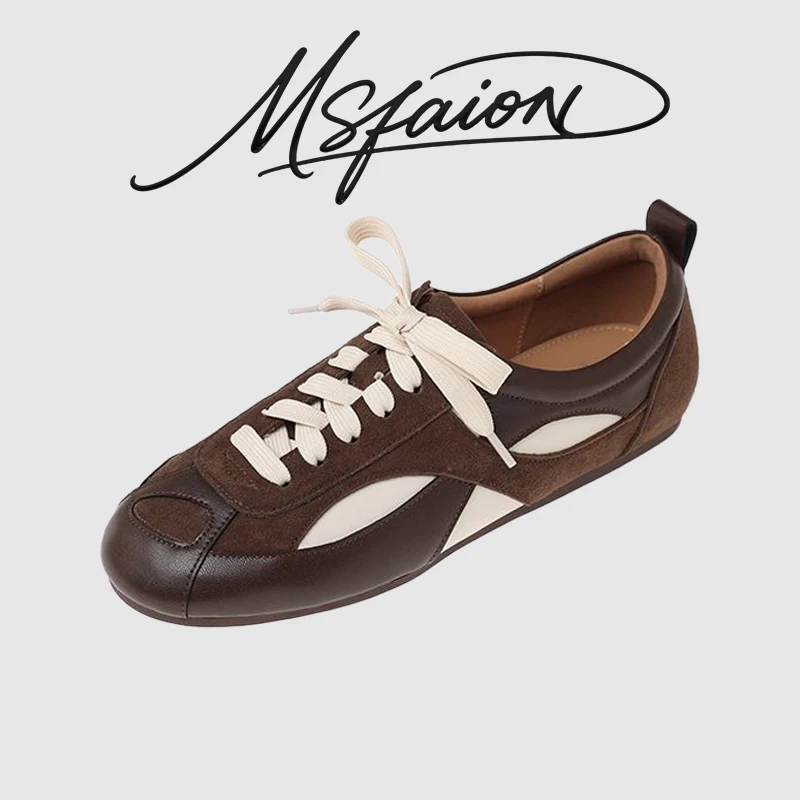 

Women's Retro German Training Shoes Genuine Leather Casual Sneakers Coffee Apricot