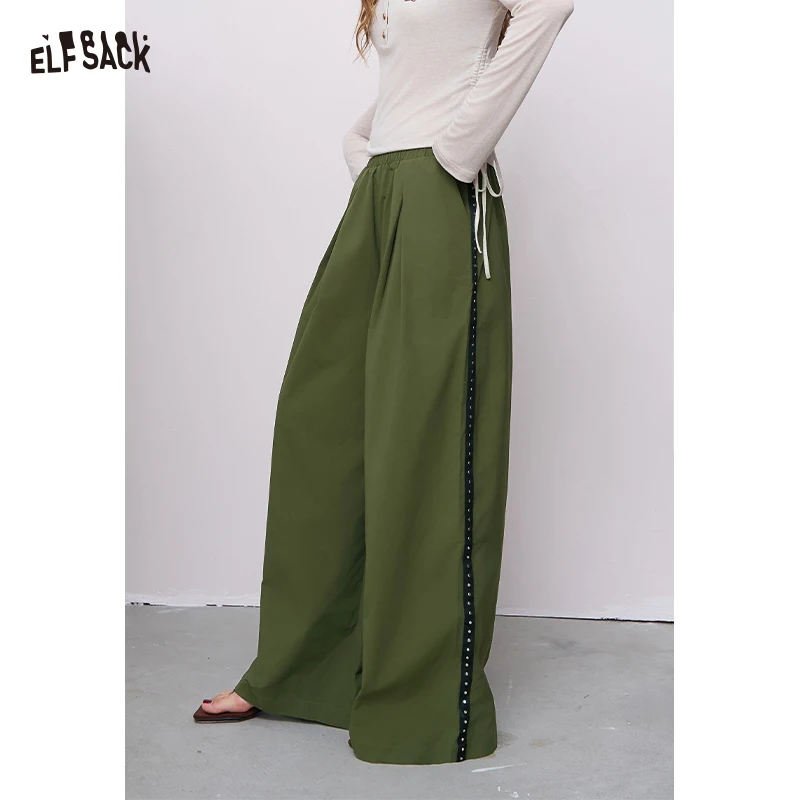 ELFSACK 2025 Summer New Arrival Basic Loose Solid Wrinkled Straight Long Pants For Woman