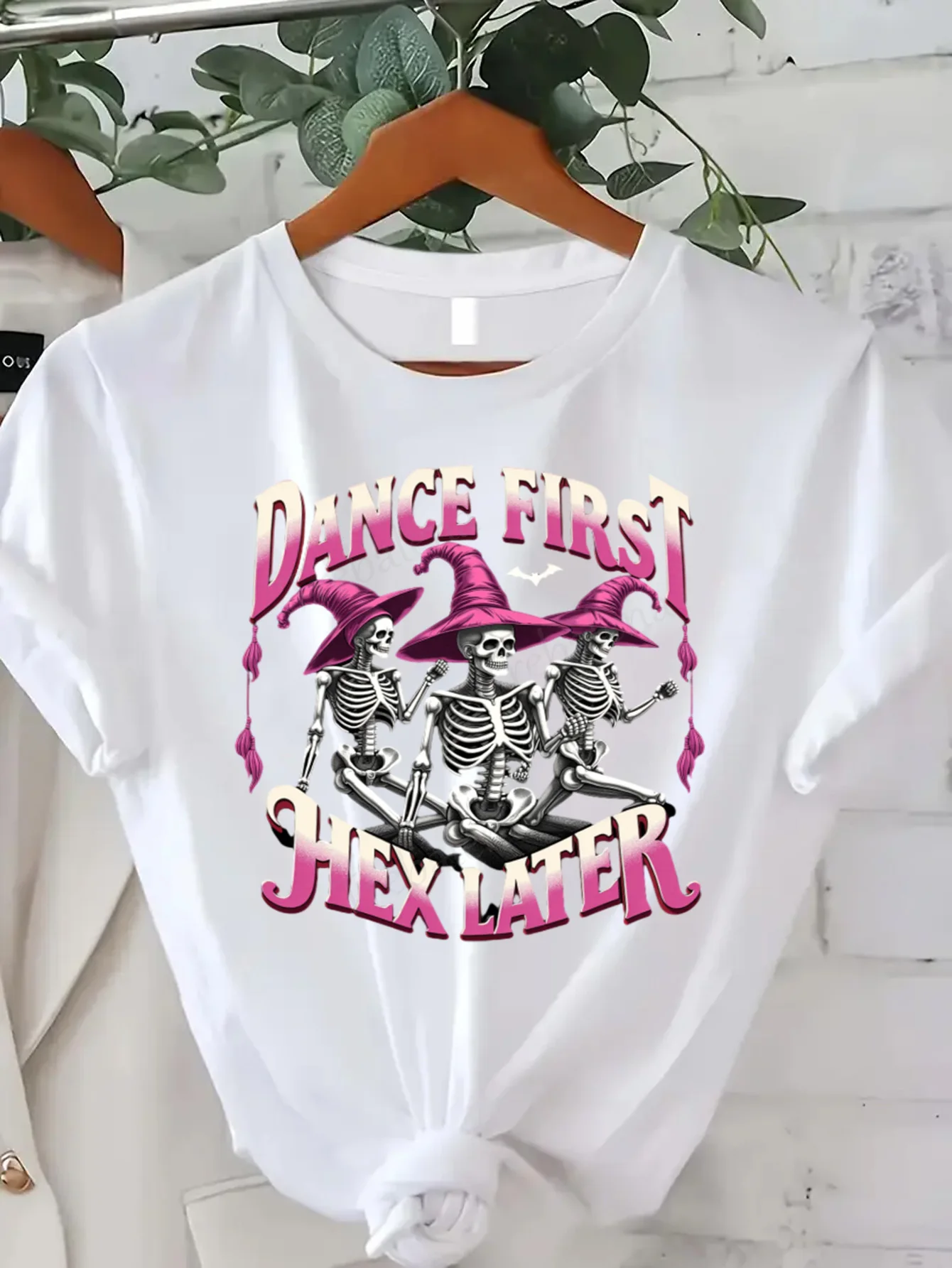Round Neck T-shirt Dance First Hex Later Witch Skeletons Halloween T-Shirt Women Plus Size Short Sleeve Tee Fashion Casual Top