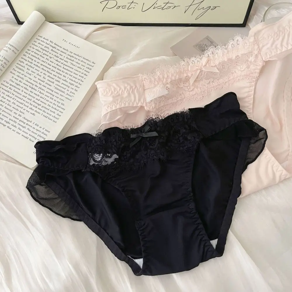

Fashion Ruffle Ice Silk Panties Bow Sweet Style Low Waist Briefs Underwear Solid color Women Lace Underpants Women
