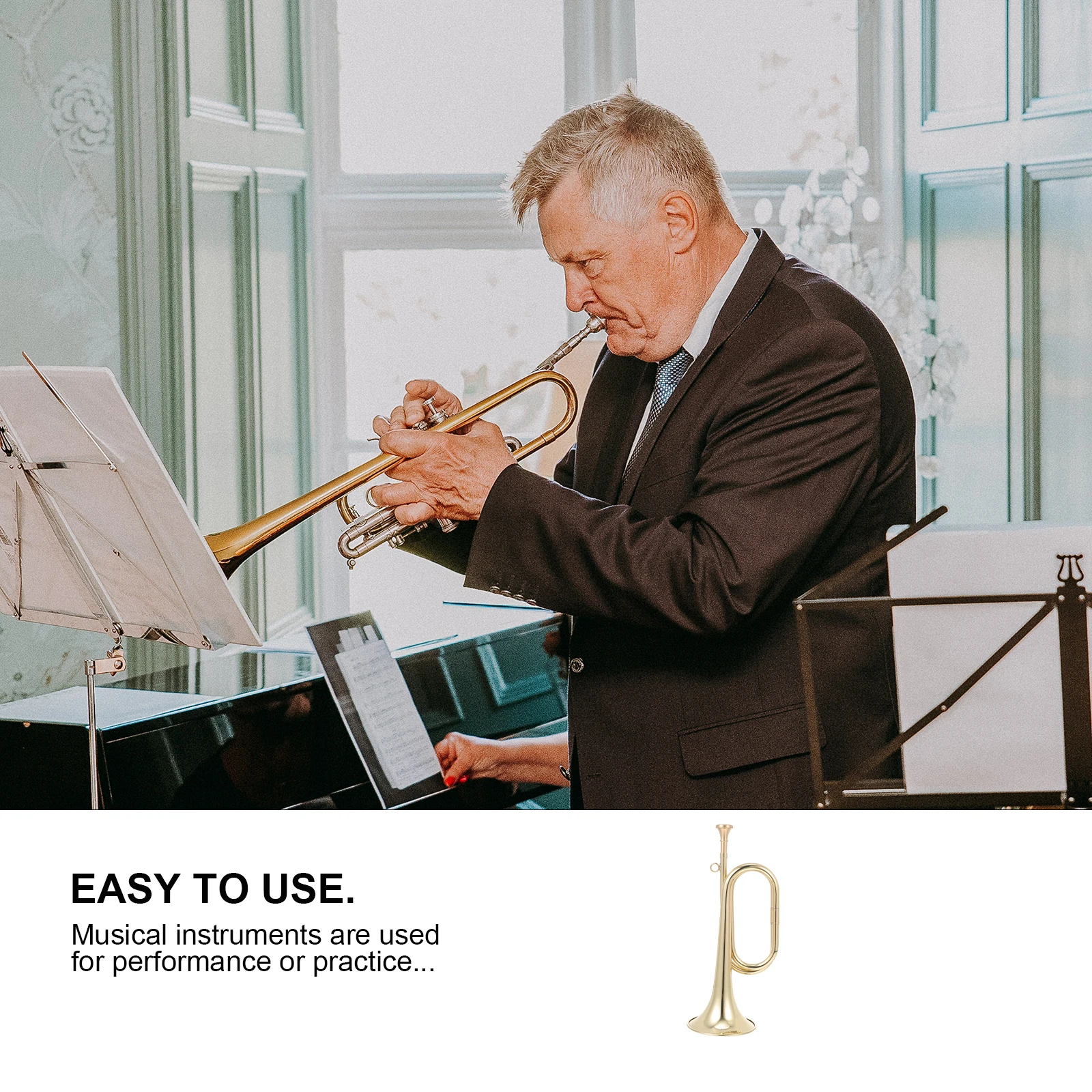 

1pc Military Trumpet Brass Instrument Golden Finish Student Practice Horn Desktop Decoration For Office Home Kids Learning Stage