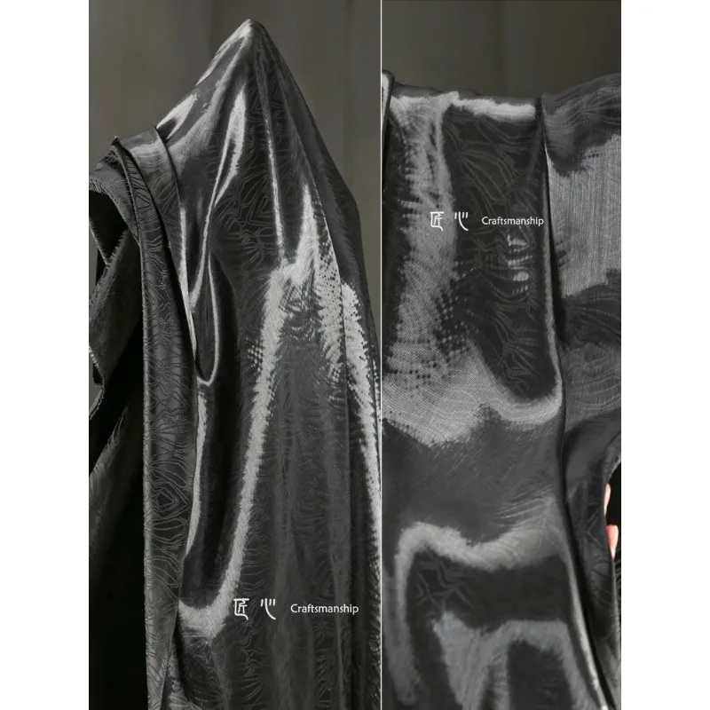 Mountain Range Black Liquid Metal Jacquard Super Bright Crystal Silk Satin Glossy Wide Fabric Clothing Designer Fabric