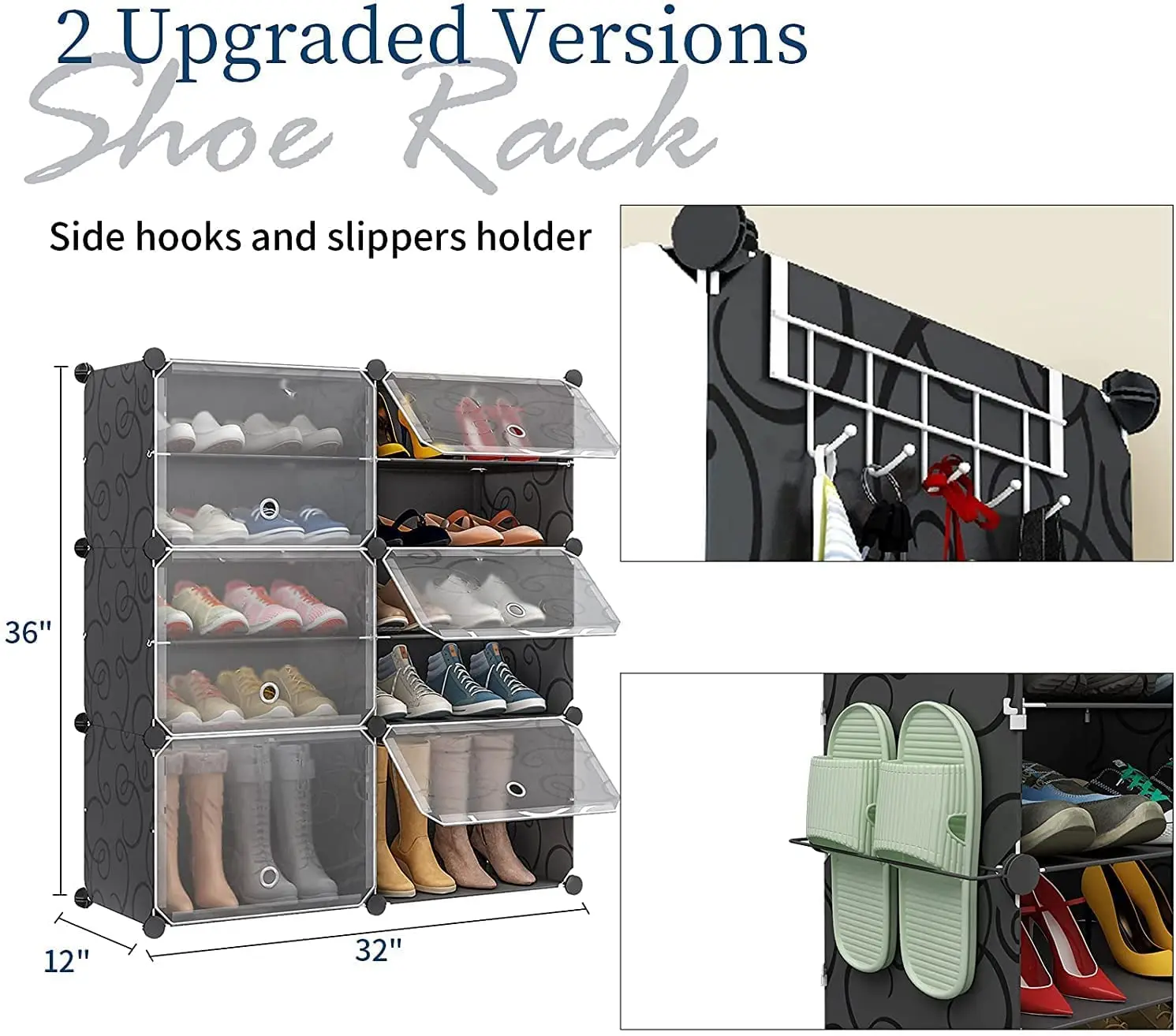 Expandable Shoe Rack Storage Cabinet Stackable Space Saver Entryway Closet with Hook Side Shelf Black, Customized