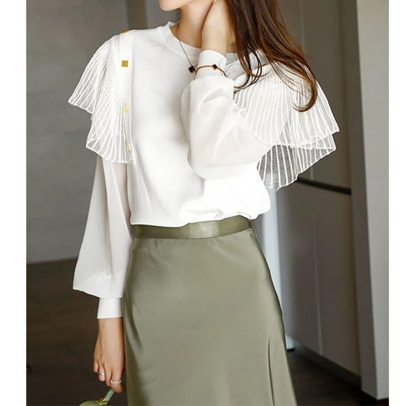 Elegant Korean Ruffles Spliced Round Neck Tops Women\'s Clothing Fashion All-match Long Sleeve Solid Color T-shirt for Female