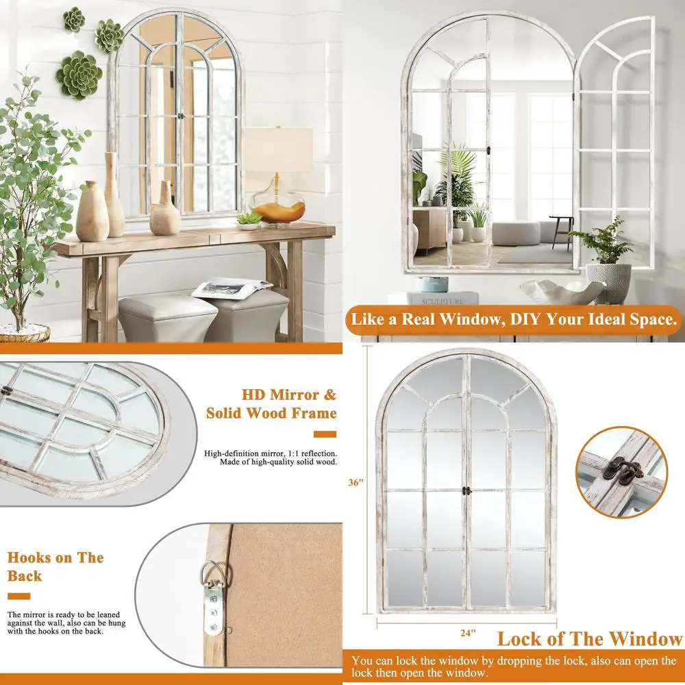 Gewölbter Fensterspiegel im Bauernhausstil, 36 x 24 – dekorativer Wandspiegel mit Holzrahmen für die Inneneinrichtung