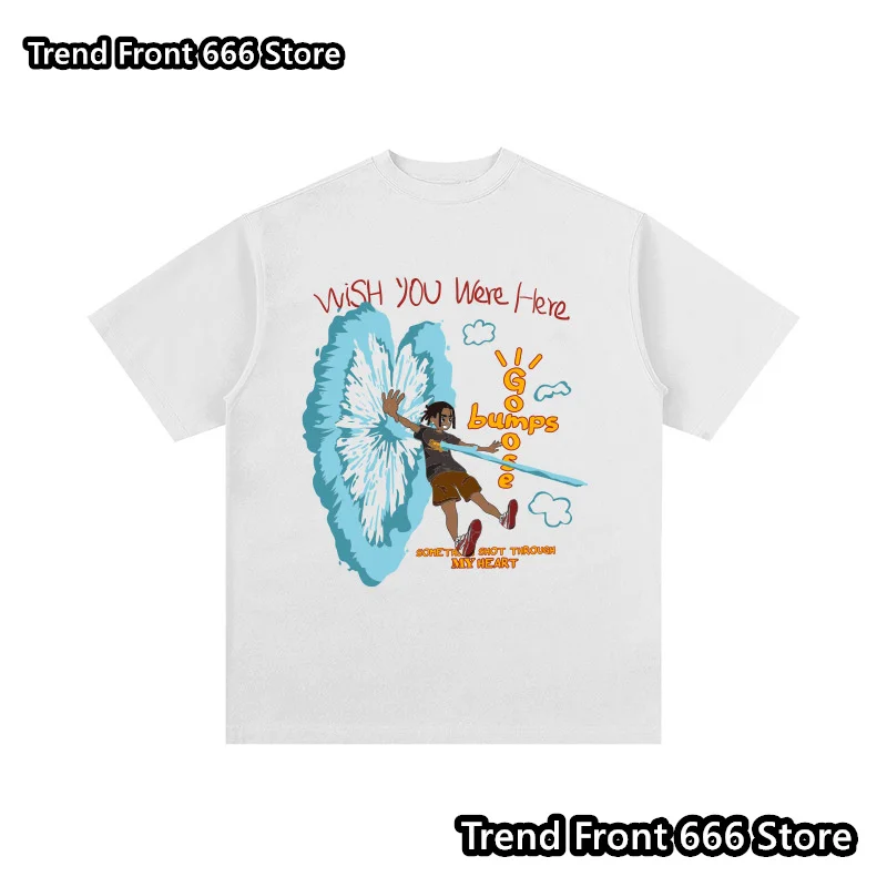 Summer Mens TRAVIS SCOTT Print Cotton T shirts Wish you were here Tees Men's Short Sleeve High Street Tops