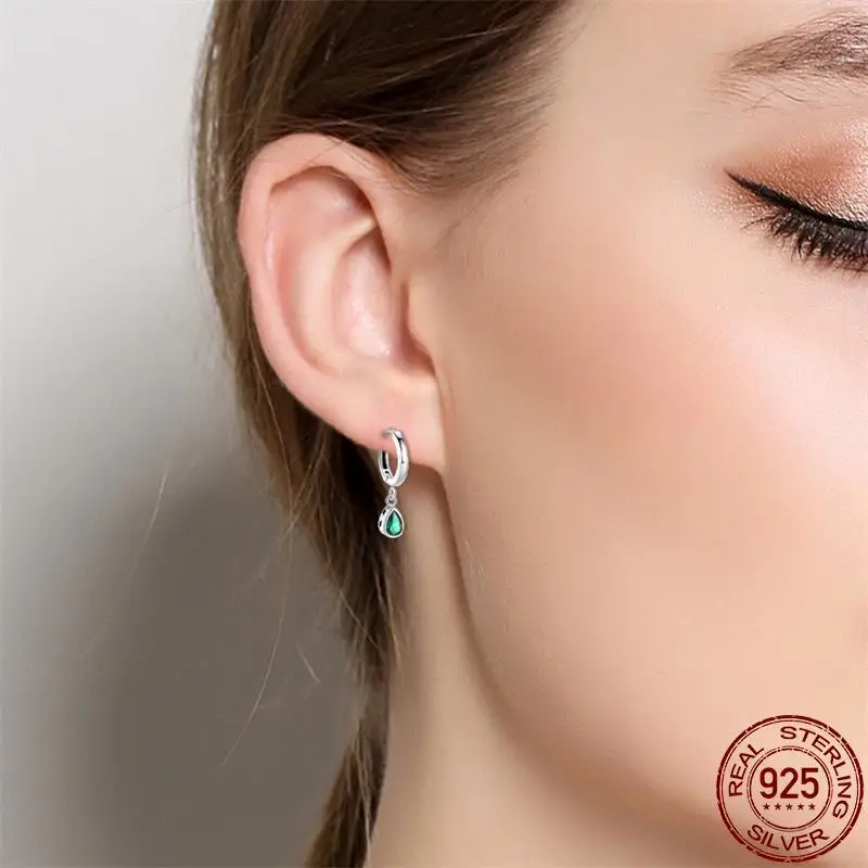 925 Sterling Silver Simple Green Paved Ear Stud Earrings Fashion Colored Zircon For Women Fine Original Birthday Jewelry Gifts