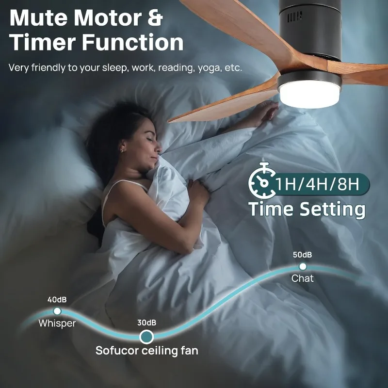 Ceiling Fan with Lights 52 Inch Flush Mount Ceiling Fan with Remote Control, Wood Blades Modern Outdoor Ceiling Fans