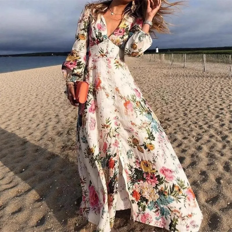 

Floral Print Dress Fashionable Sexy Deep V-long Sleeved Spring Autumn Women's Clothing Single Breasted Dress Vestidos Para Mujer