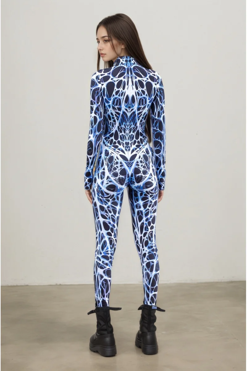 Damen Fleischfarbener Tribal-Bodysuit Geometrischer Festival-Rave-Bühnenshow-Aerial-Yoga-Anzug Hochhals Vollständiger Halloween-Cosplay-Catsuit – Detail 20