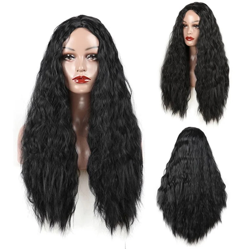 1PCS long black Corn Curly synthetic fiber Wigs Water ripples Wavy hair Heat Resistant Middle Part bang Asian women Daily wear