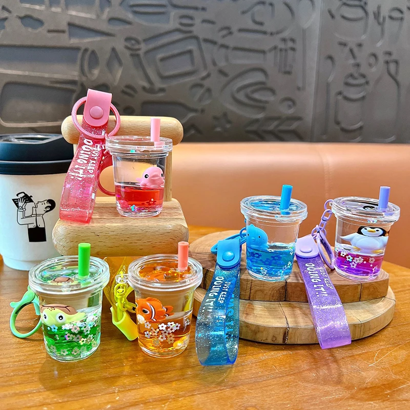 Cartoon Sea Animal Milk Tea Cup Liquid Keychain Quicksand Colorful Floating Clownfish Turtle Penguin Key Ring Backpack Keyfob