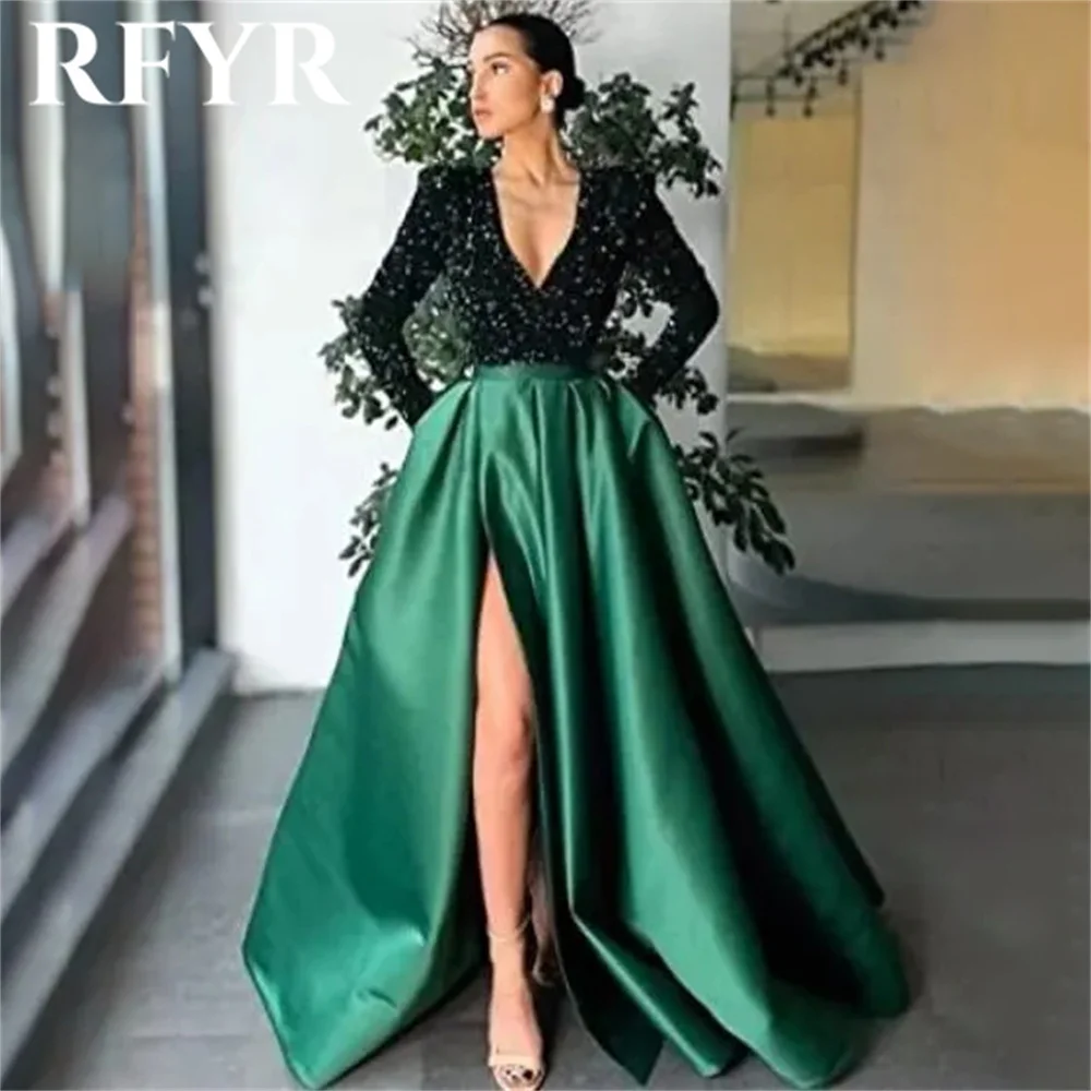 RFYR Blue Sexy Formal Dresses V-Neck Party Dress For Wedding Stain Pleats Special Occasion Dresses with Side Split robe soirée