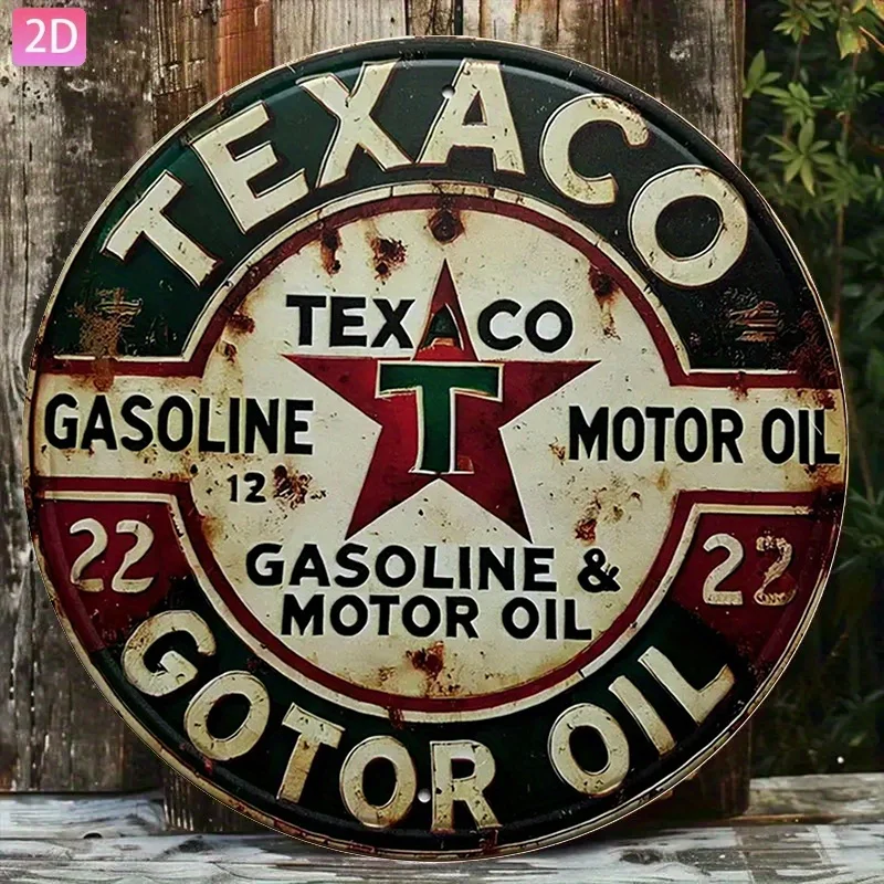 Letrero Metálico Vintage de Texaco Motor Oil en Diseño Plano 2D - Arte de Pared Redondo de Aluminio de 20.32x30.48 cm con un Rojo Clásico y