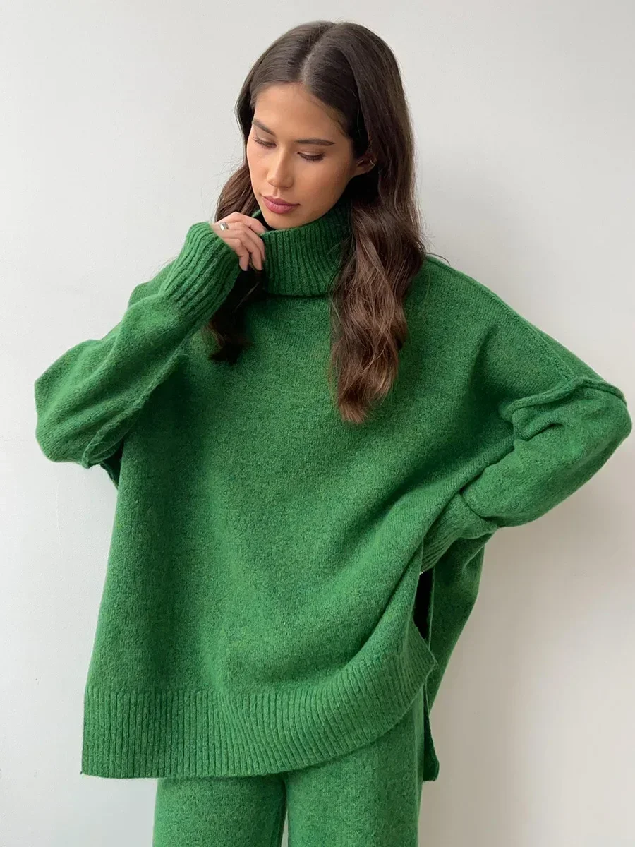 Bornladies Women\'s Autumn Winter Turtleneck Sweater Pants Set Loose Casual Knitted Sweater Thicke Loose Pullover 2 Pieces Sets