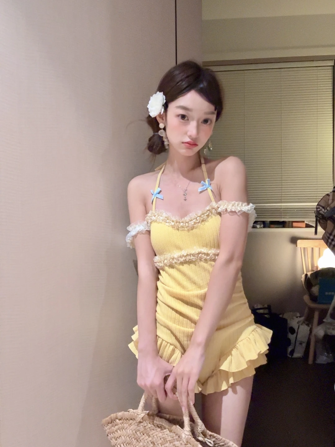 

Girls One-Piece Swimsuit Yellow Chicken Design Lace Trim Flattering Slimming Concealing Student Sweet Teen Casual Swimwear