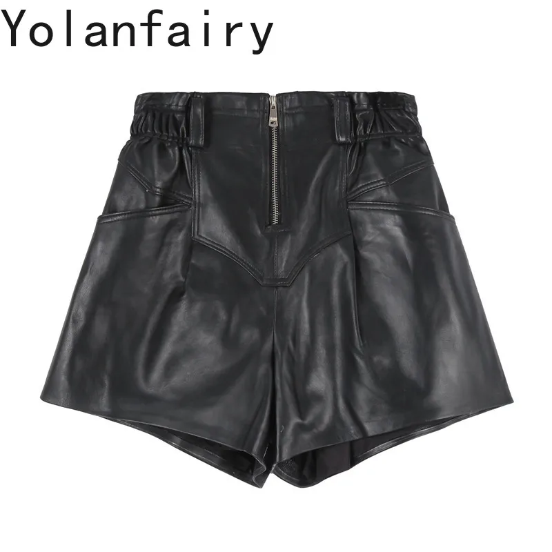 

YOLANFAIRY Front Zipper Genuine Sheepskin Wide Leg Shorts for Woman High Waist Casual Outer Leather Shorts New Fall Black Shorts