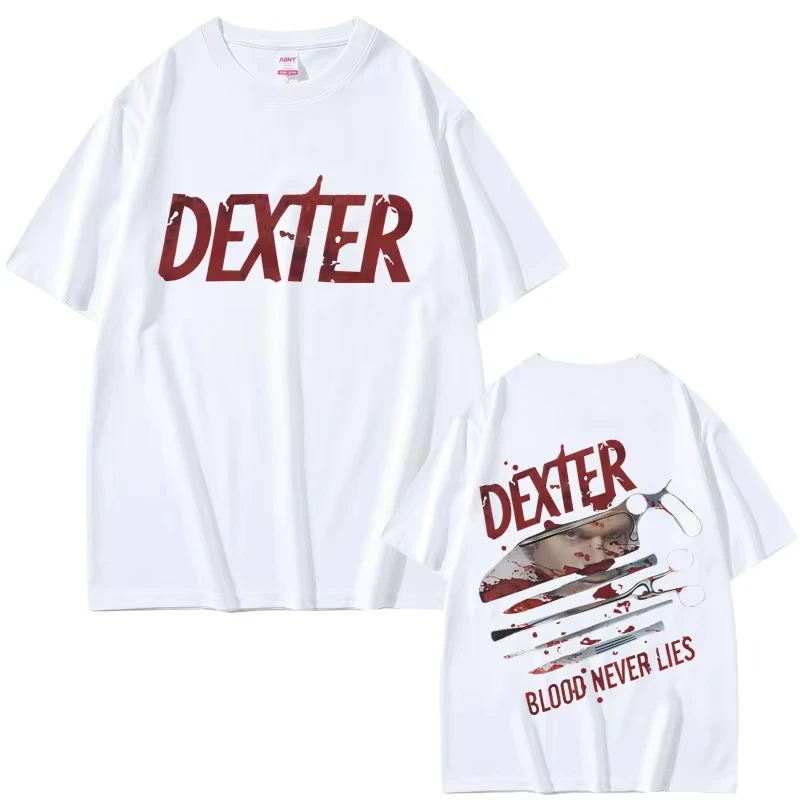 เสื้อยืดลำลองผ้าฝ้ายสไตล์เรโทรสำหรับผู้ชายและผู้หญิง เสื้อยืดโอเวอร์ไซส์สำหรับผู้หญิง ลายเสื้อยืดลายละครโทรทัศน์ Dexter Morgan Blood Never Lies