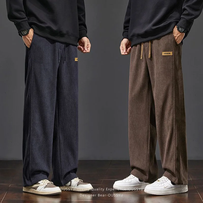 Autumn Winter Men's Corduroy Pants Loose Straight Drawstring Elastic Waist Pants Streetwear Fashion Baggy Casual Trousers Brown