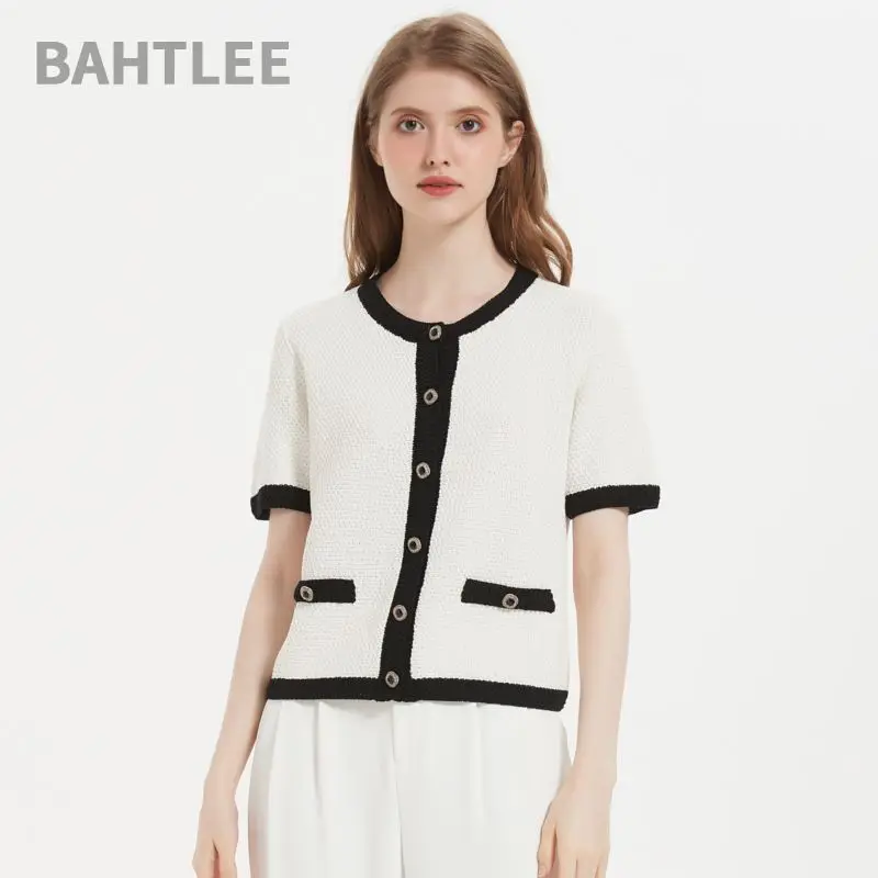 BAHTLEE-Women\'s Linen Short Sleeve O-Neck Cardigan with Button, Knitted Sweaters, Breathe Freely, Short Style, Summer