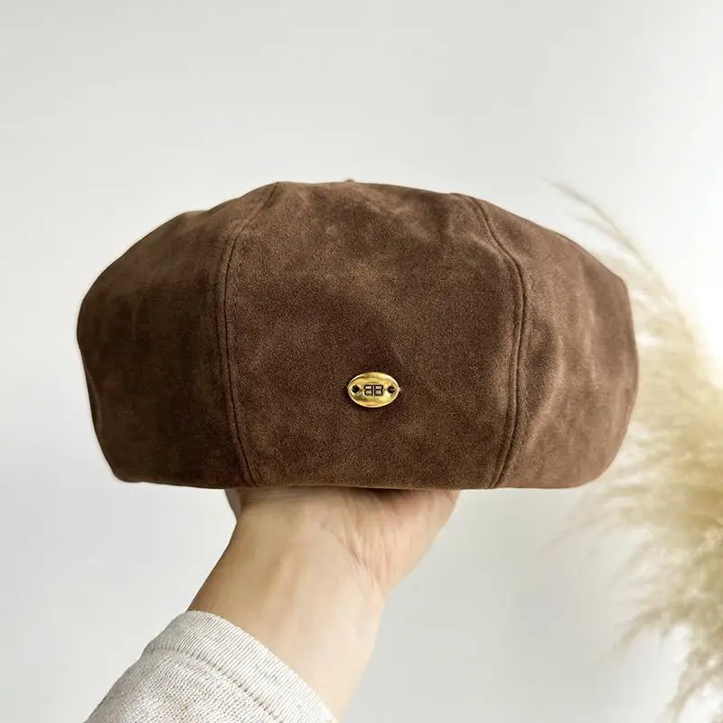 

2024 New Design Women Autumn Suede Beret Cap Vintage Street Pumpkin Artist Cap Spring Soft Warm Outdoor Travel Berets Gorras