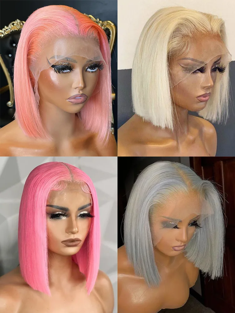 Rose Pink Short Colored Bob Human Hair Wigs Brazilian 13X4 Straight Lace Front Wigs Transparent Lace Pre Plucked Colored Wig