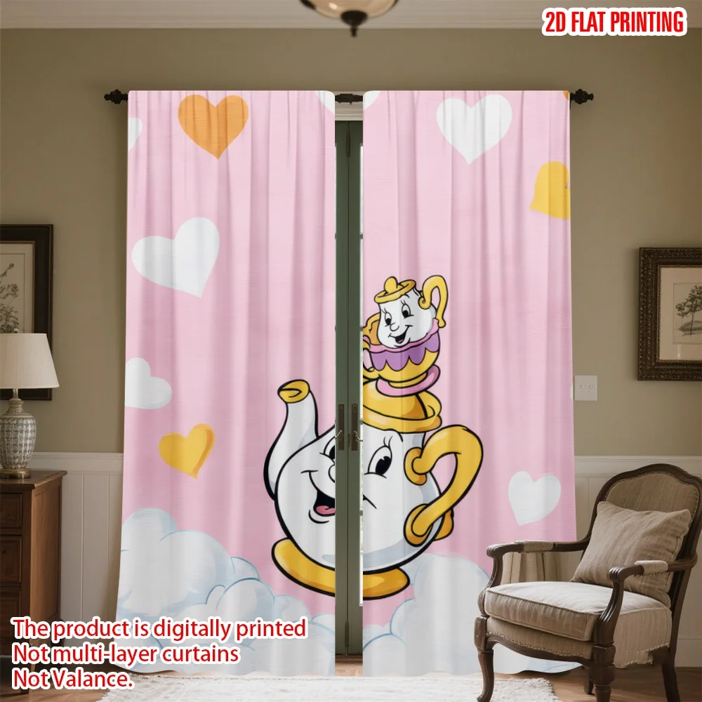 

2D flat printing 2pcs Curtains Valentine's Teapot and Teacup Digital Printed Polyester Drapes Seasonal Party & Holiday Decor for