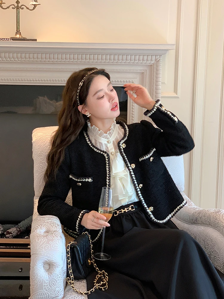 Sweet Vintage Tweed Jacket Women Elegant French Cropped Coat Casual Long Sleeve Simple All Match Retro Female Outwear Tops