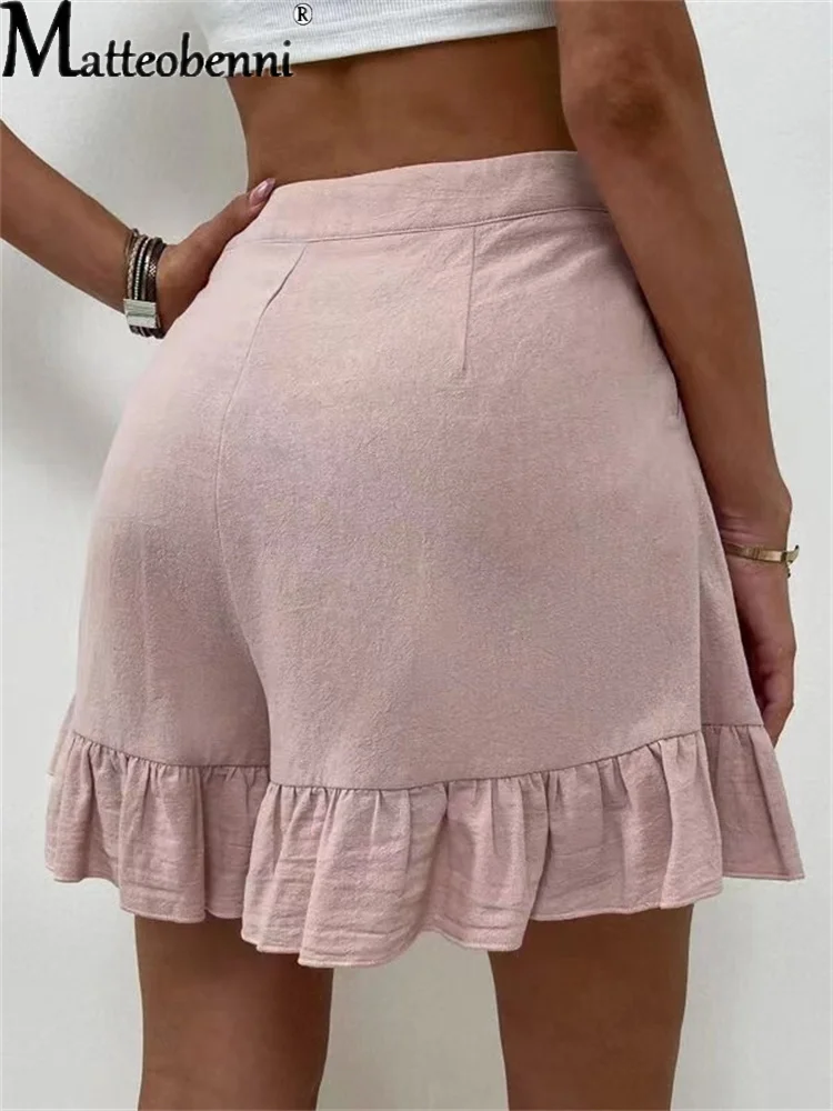 Fashion Ruffle Patchwork Hem Wide Leg Women Shorts Casual Loose Solid Shorts Cotton Linen High Waist Short Pants New Summer New