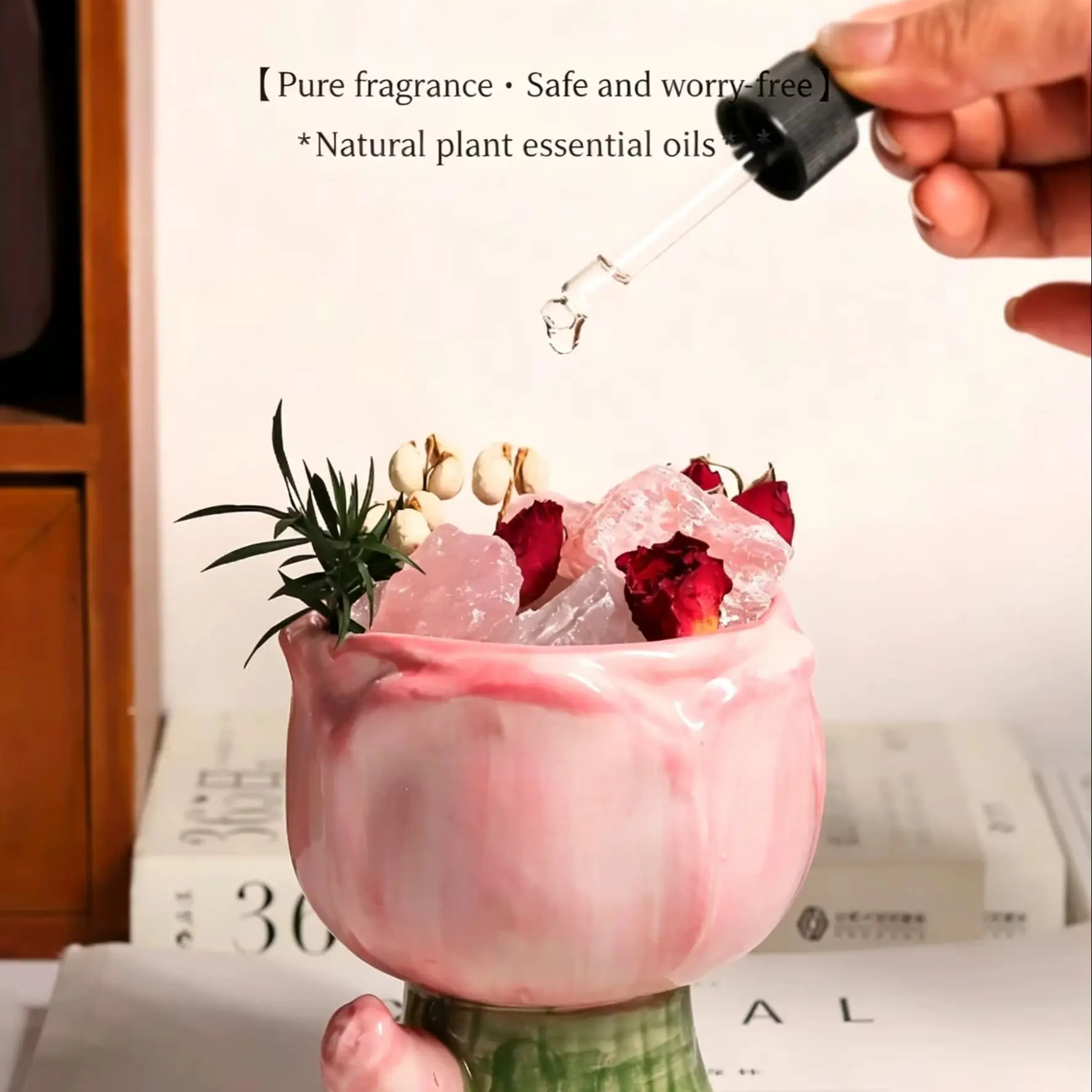 Romantic Crystal Scent Diffuser Gift Box with Pink Rose Ceramic Holder, Natural Crystals & Rose Petals, Aromatherapy Home Decor
