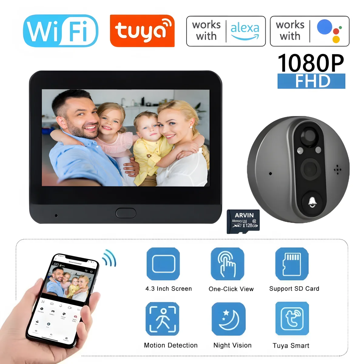 Tuya Smart 4.3 Inch WiFi Video Peephole Doorbell Camera Digital Magic Eye Wireless Door Viewer FHD 1080P Outdoor Alexa Door Bell