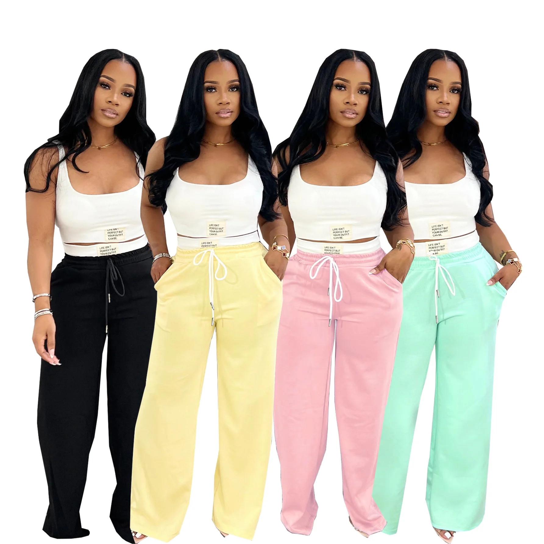 

TW693 American fashion design Label sports vest Women's high-waisted drawstring wide-leg Pants Set Two-piece set