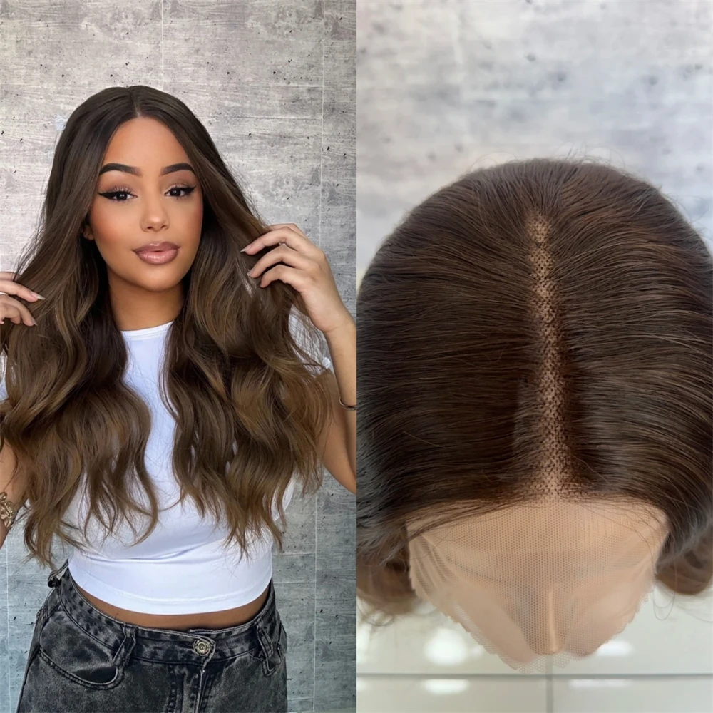 Soft Body Wave Wig 13x4 Free Part Ombre Dark Brown Synthetic HD Lace Front Wig Natural Preplucked Hairline Small Large Size Cap
